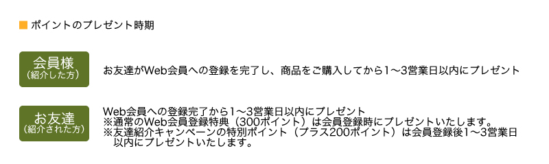 ポイントのプレゼント時期　会員様(紹介した方)へのプレゼント　お友達がWeb会員への登録を完了し、商品をご購入してから1～3営業日以内にプレゼント　お友達(紹介された方)へのプレゼント　Web会員への登録完了から1～3営業日以内にプレゼント※通常のWeb会員登録特典（300ポイント）は会員登録時にプレゼントいたします。※友達紹介キャンペーンの特別ポイント（プラス200ポイント）は会員登録後1～3営業日以内にプレゼントいたします。