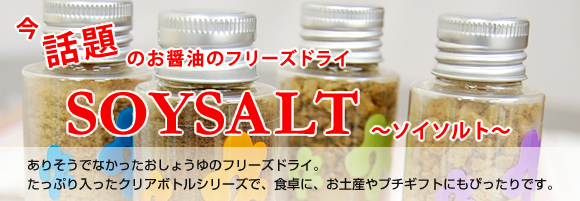 今話題のお醤油のフリーズドライSOYSALT～ソイソルト～　ありそうでなかったおしょうゆのフリーズドライ。サラダやお肉、魚や野菜のソテー、炒め物、フライ、パスタなどにそのまま振りかけてお使い下さい。たっぷり入ったクリアボトルシリーズで、食卓に、お土産やプチギフトにもぴったりです。